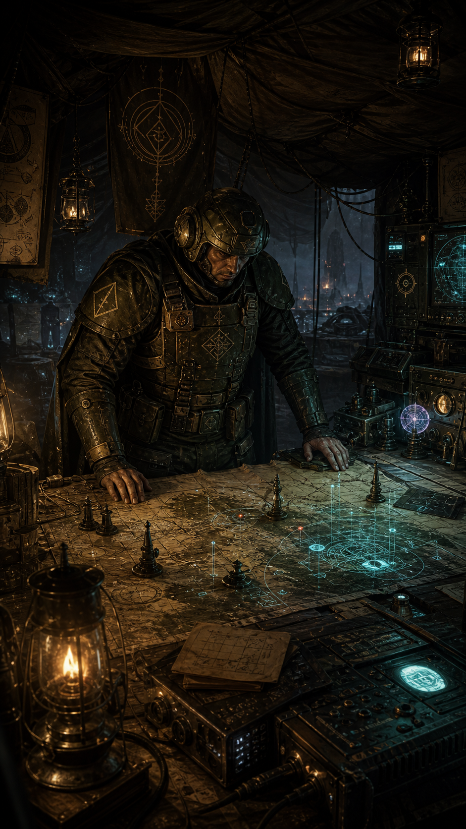 Armored soldier studying maps and communications inside a shadowed command tent with subtle occult and alien symbols