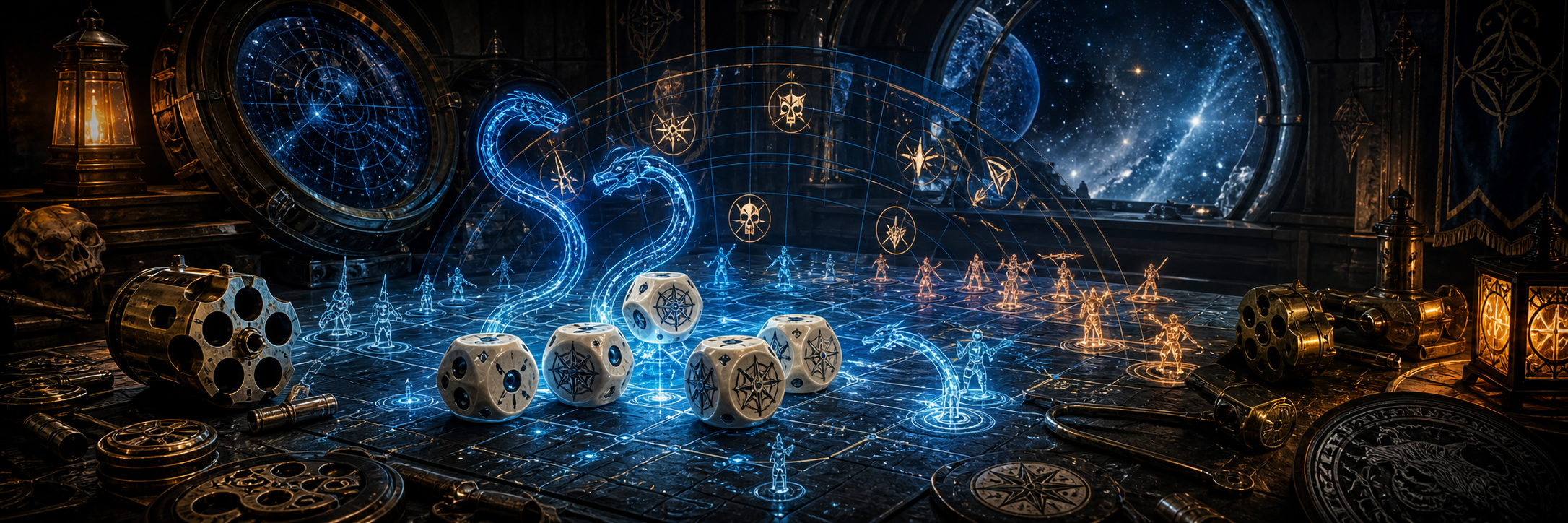 Futuristic tactical table with custom dice, holographic probability arcs, and ancient observatory instruments