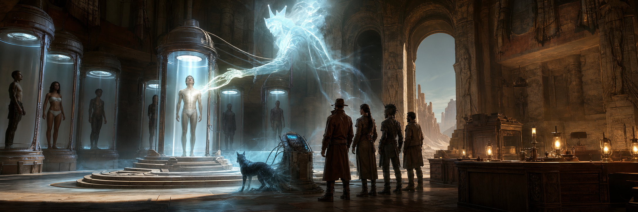Guardian spirit selecting a human host inside a clone vault, frontier hall, and ancient temple