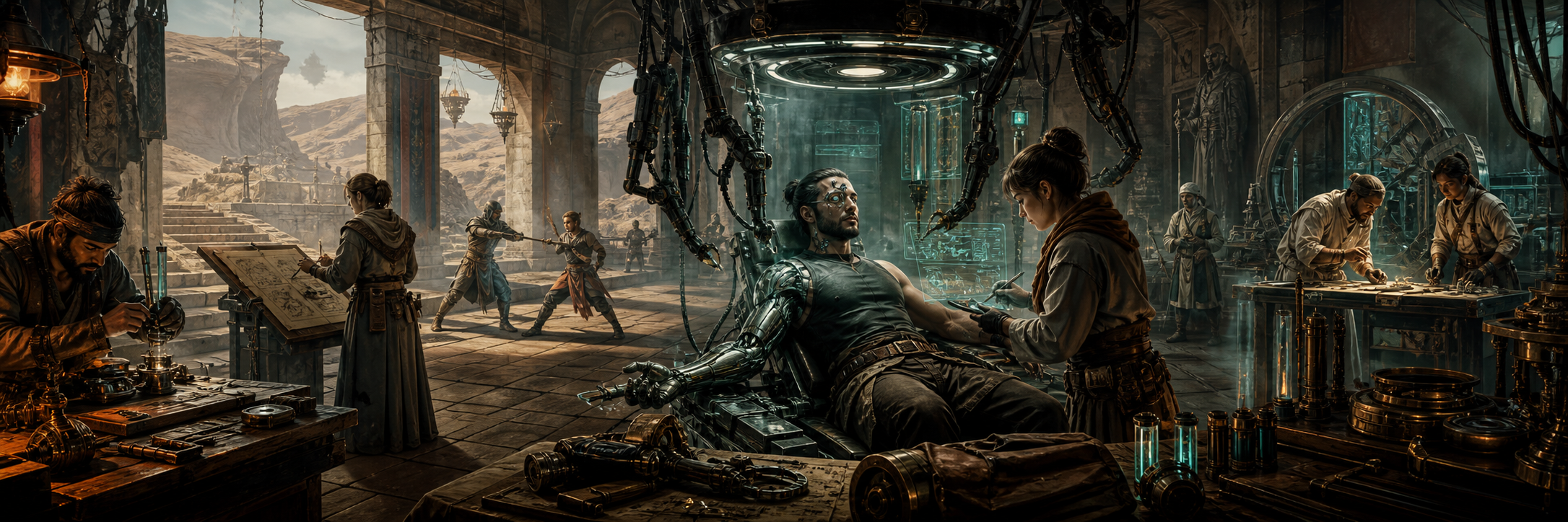 Science-fantasy workshop and martial academy with cybernetic augmentation and specialized training