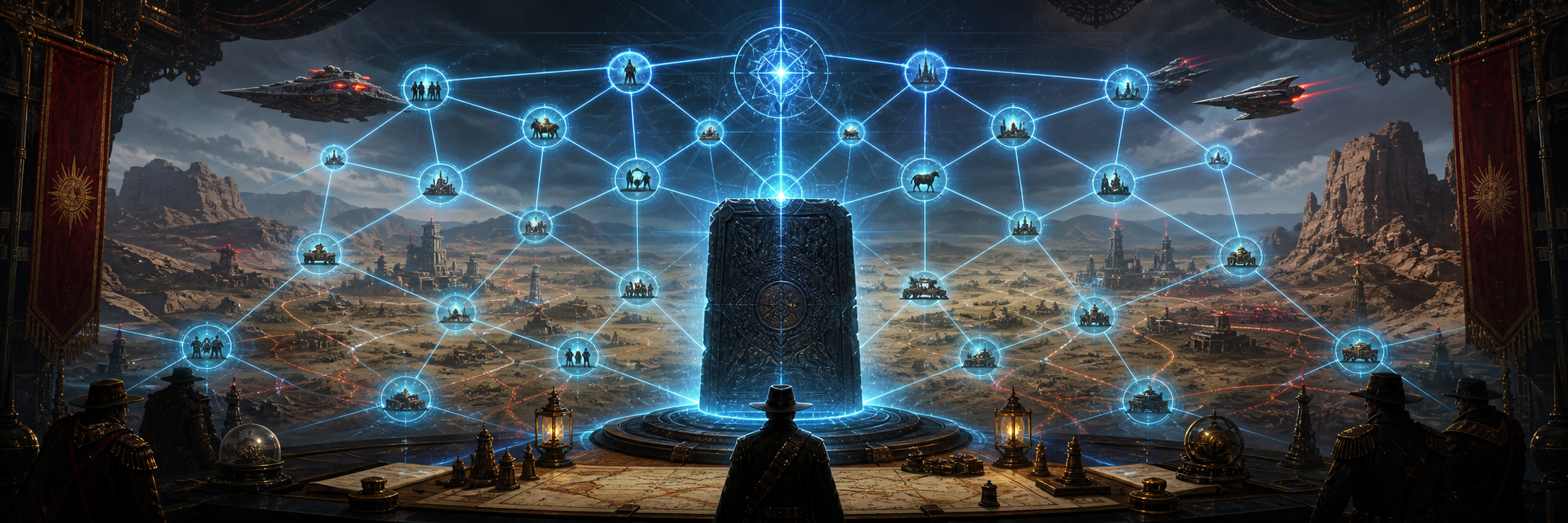 Ancient codex monolith projecting a luminous command lattice over people, machines, and settlements
