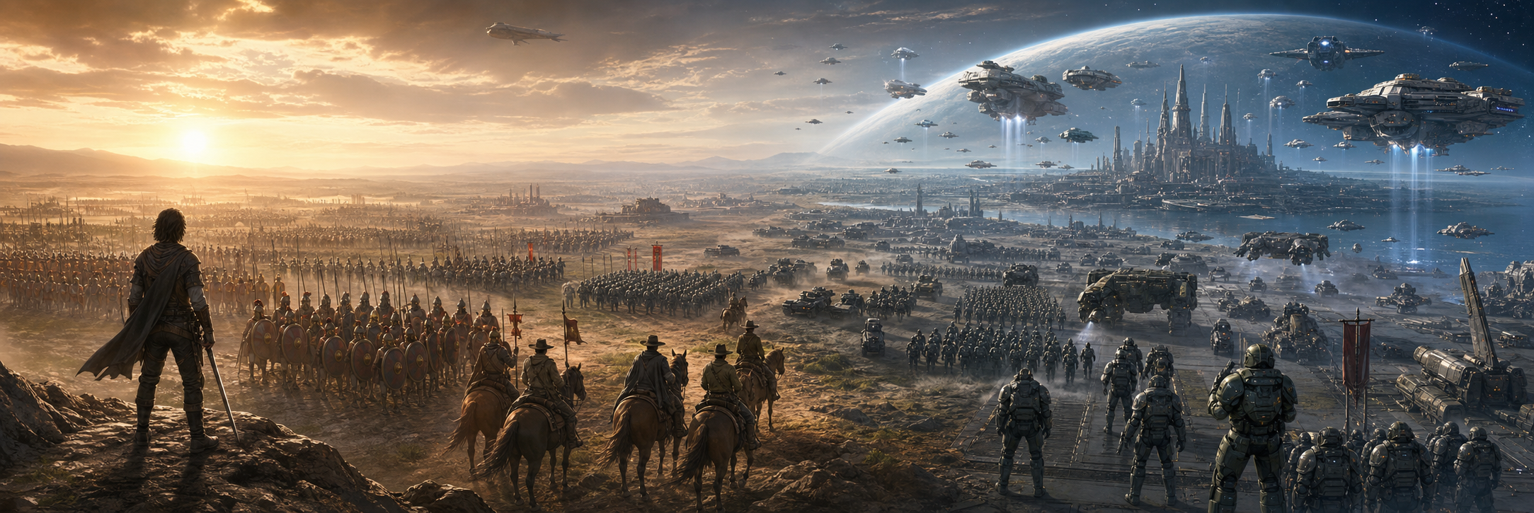 Battlefield panorama escalating from a lone human to squads, armies, cities, dropships, and fleets