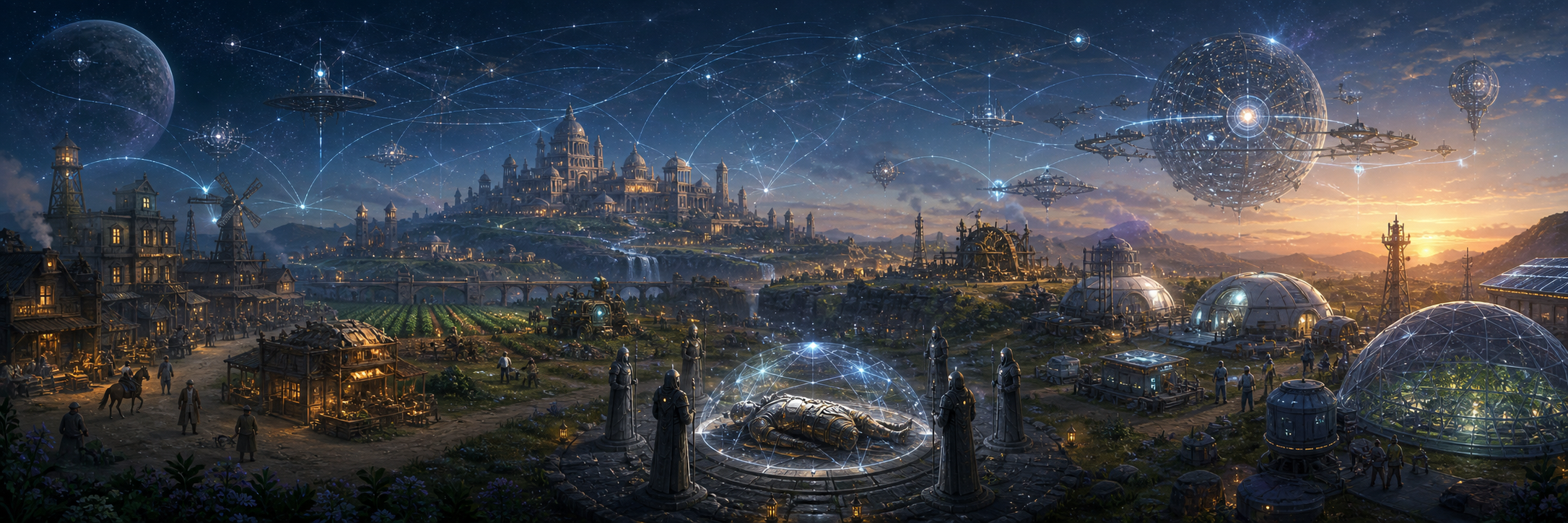 Living world simulation linking a frontier town, ancient city, sci-fi colony, and AI starfield