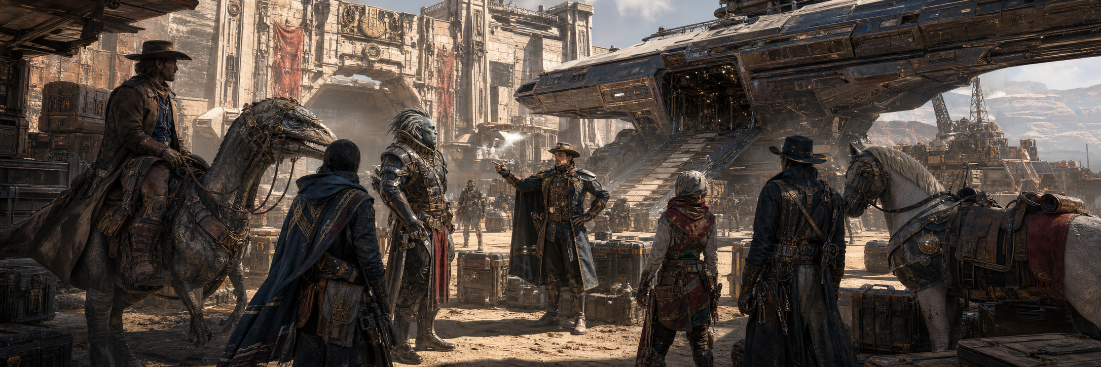 Adventuring party assembling at a frontier supply hub, orbital hangar, and ancient fortress gate