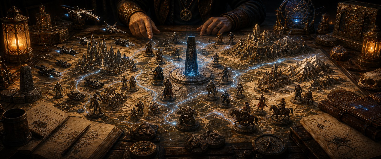 Game Master table with campaign world, factions, starships, and monolith