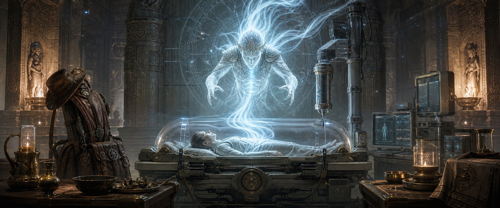 Guardian spirit bonding with a human host in a temple-medical chamber