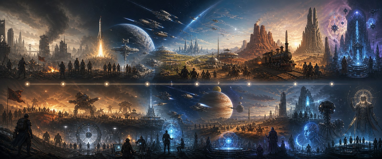 Timeline panorama of Earth, colonies, machines, guardians, and ancient ruins