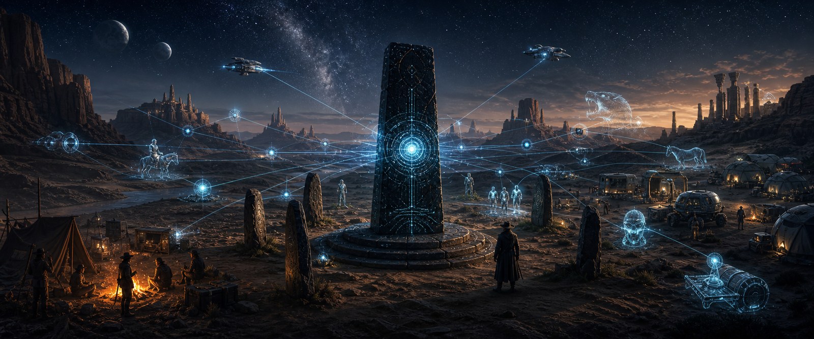 Black monolith projecting a codex interface across a frontier domain