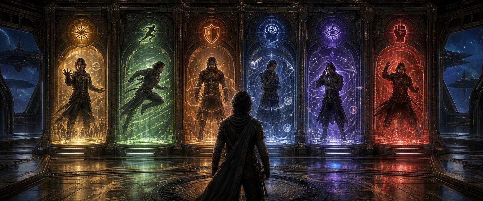 Six visual ability stations showing charisma, dexterity, endurance, intelligence, luck, and power