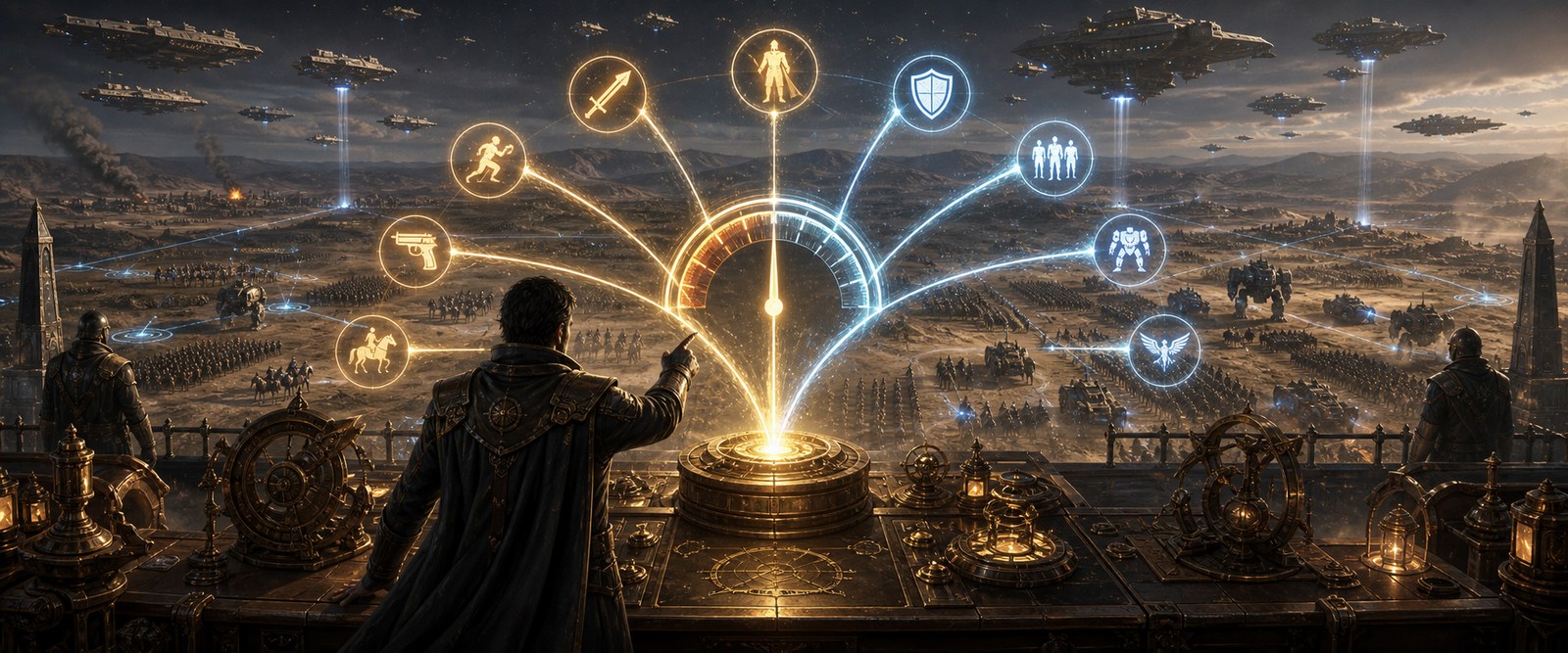 Ability vectors converging into a battle-readiness field over a battlefield