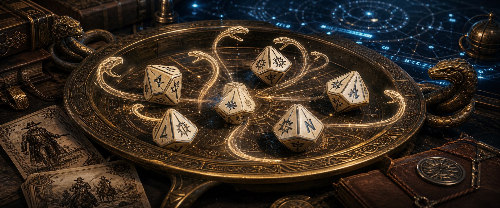 Custom dice and serpent probability trails on a tactical table