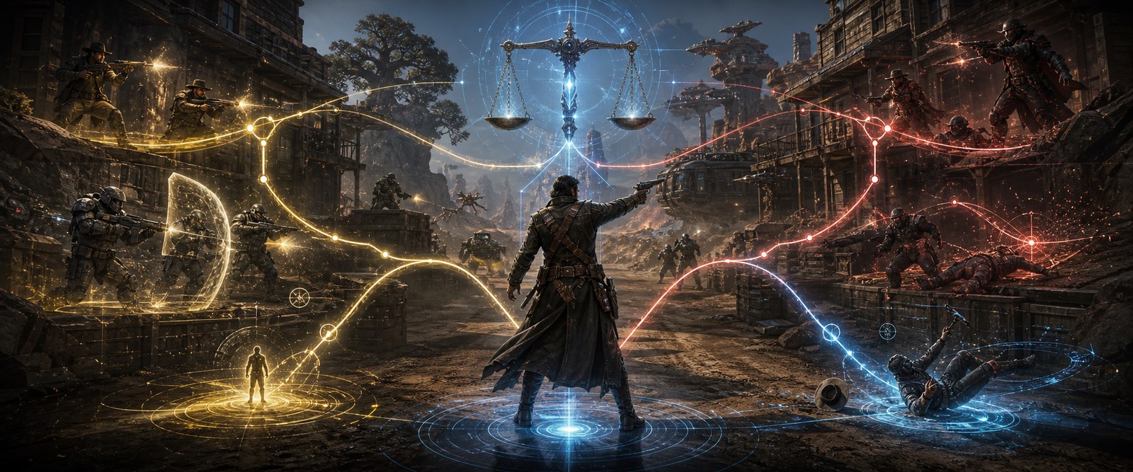 Champion at a decision point with branching outcome paths