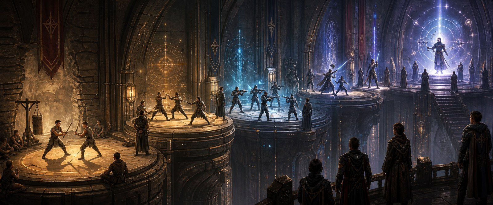 Academy corridor showing escalating training from instinct to apex mastery