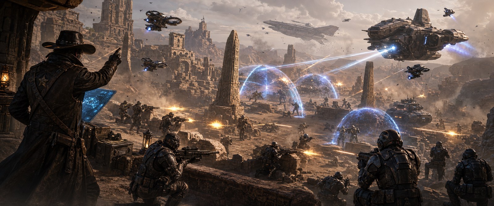 Tactical frontier battle with armored squads, drones, and defensive fields