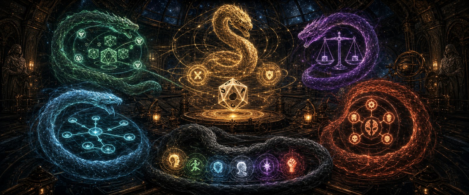 Five mythic serpents guarding dice, outcomes, balance, fate, and ability lights
