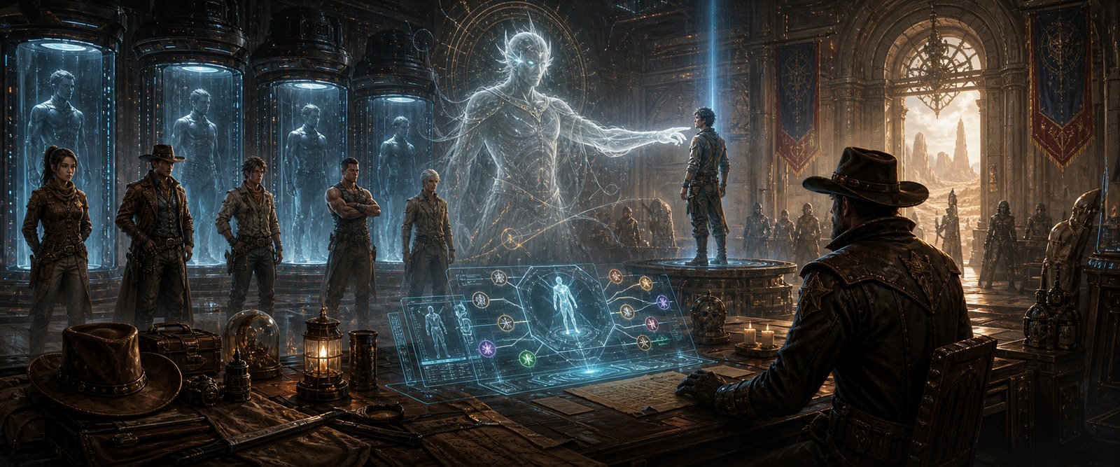 Guardian recruitment hall with host choices, dossiers, gear, and training routes