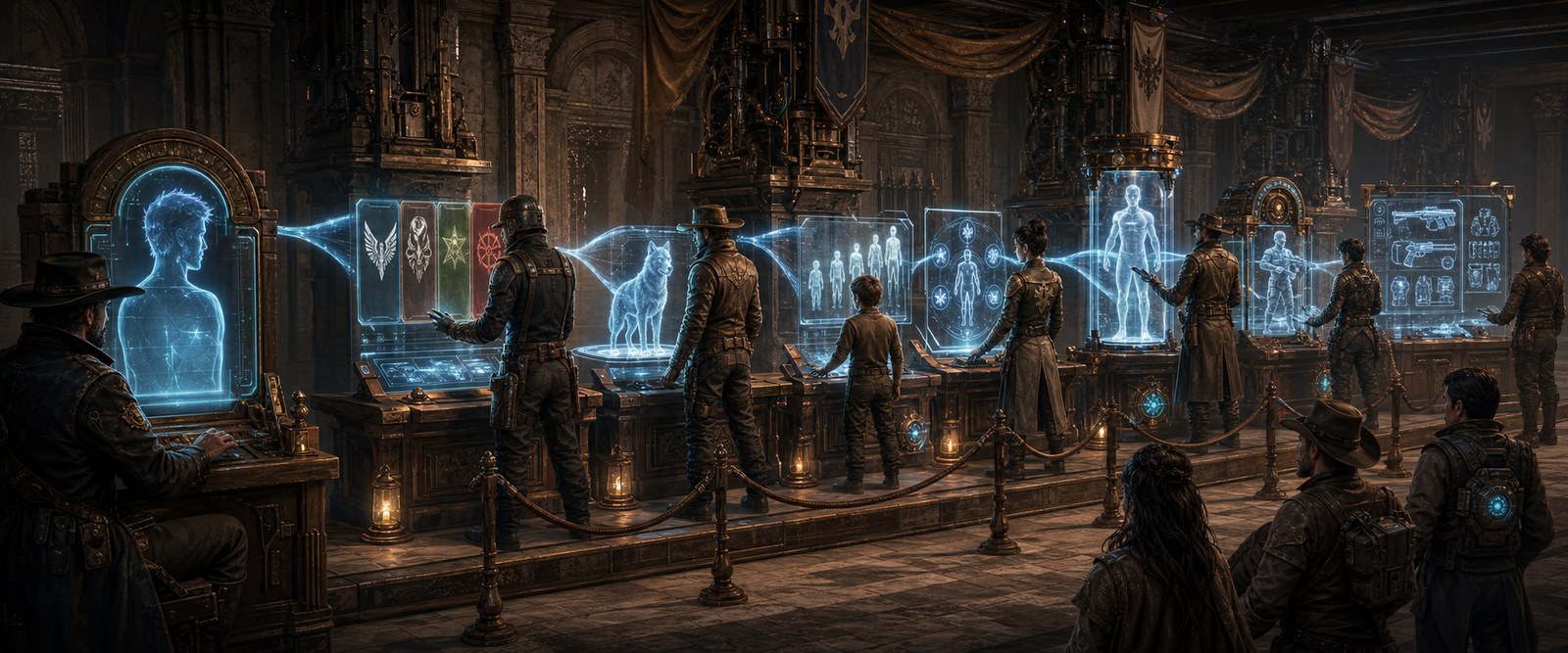 Sequential character creation stations through a futuristic enlistment hall