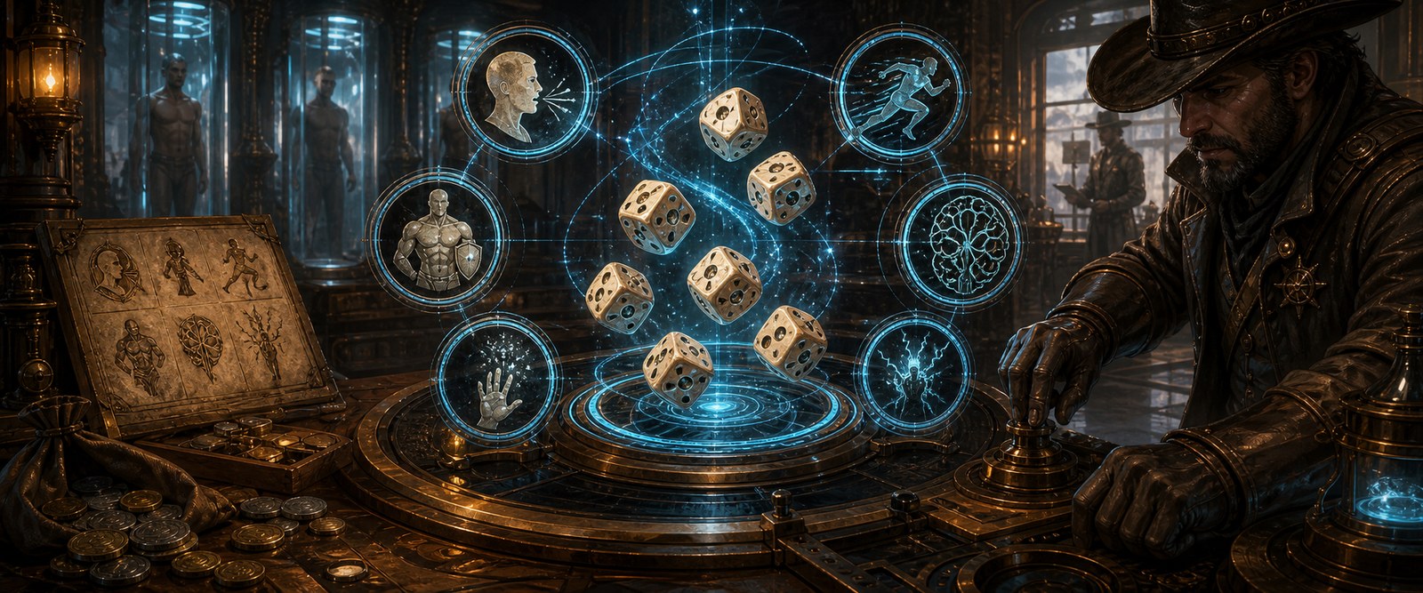 Dice station with six symbolic ability lights and probability glow