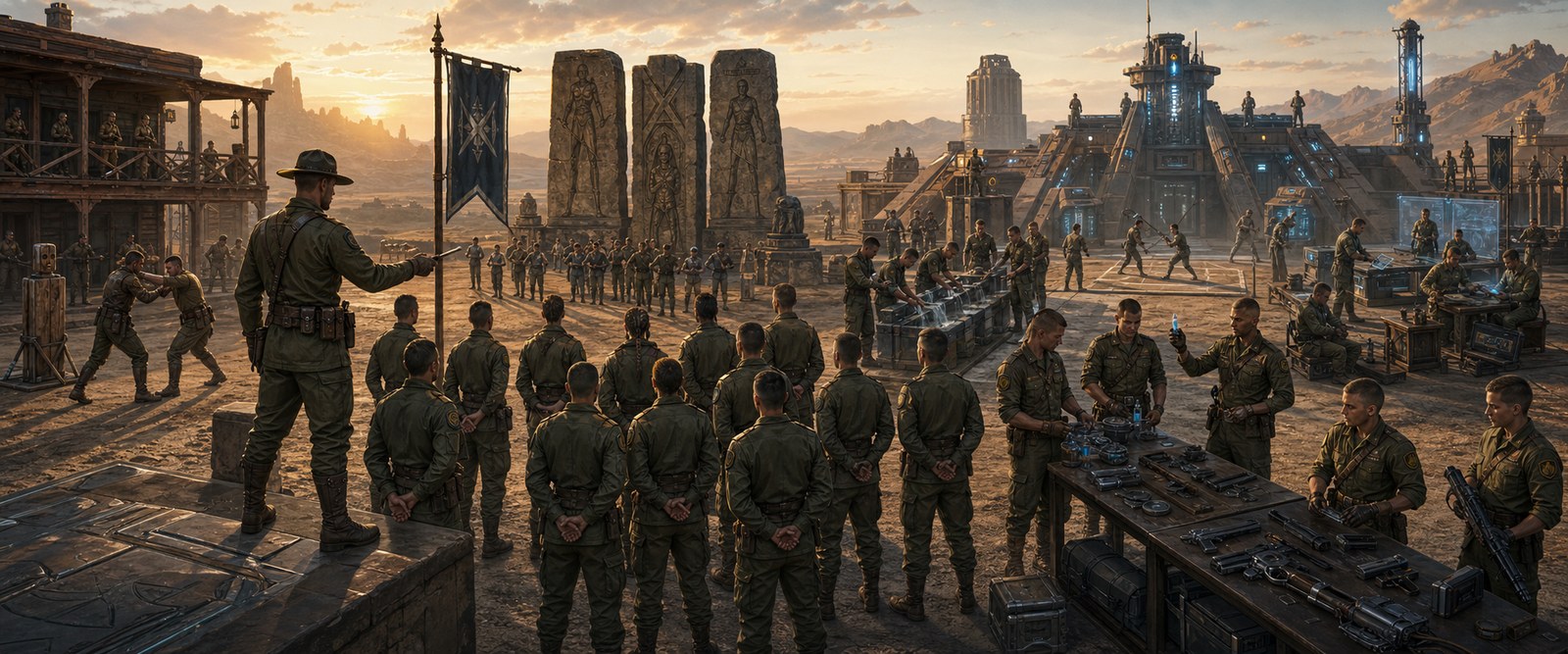 Frontier colony boot camp with recruits and multiple training stations