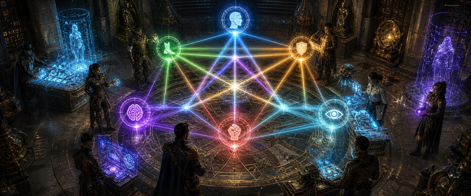 Intersecting colored ability lights forming different skill profiles