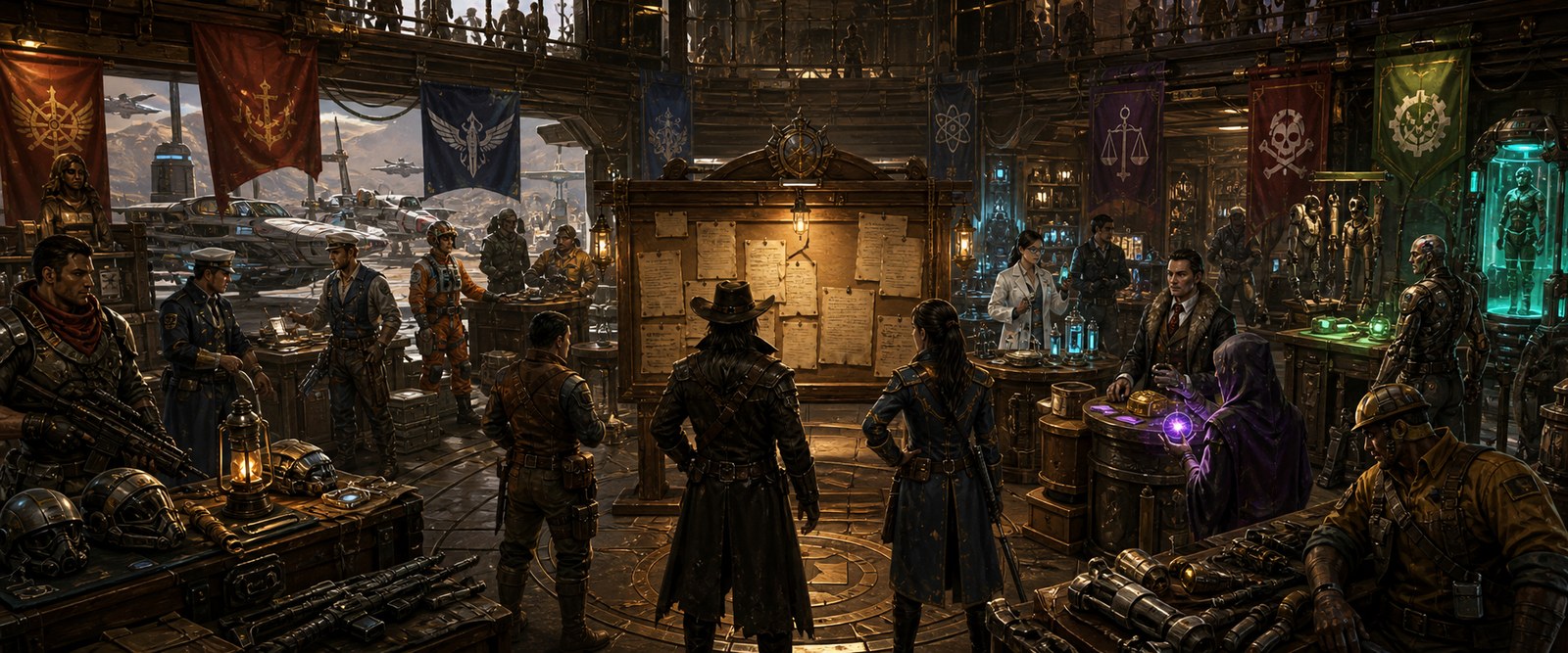 Frontier starport guild hall showing many professions through gear and silhouettes