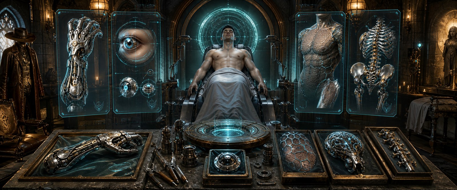 Elite augmentation clinic displaying cybernetic and biological upgrade components