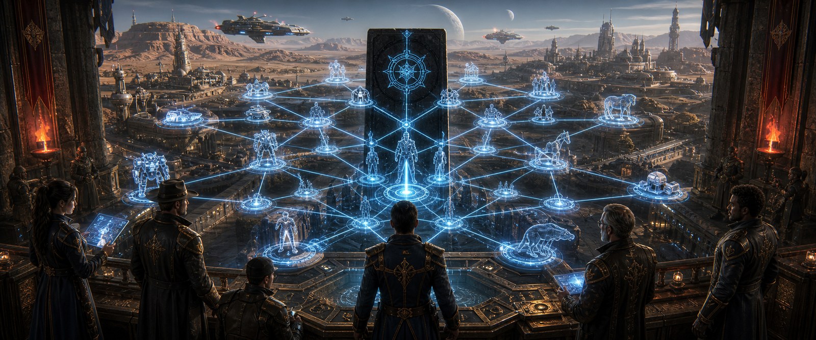 Codex monolith projecting a node matrix across commanders and domain assets