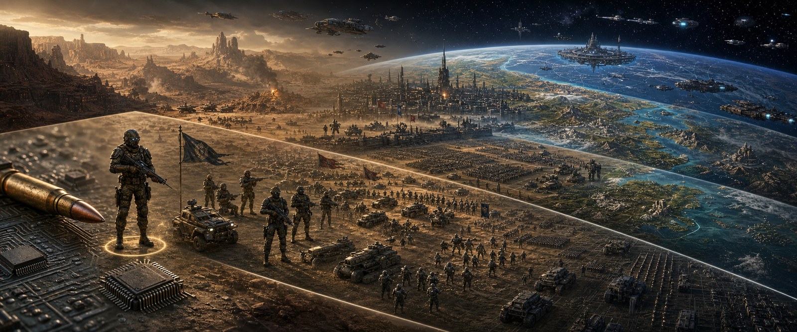 Scale progression from individual equipment and soldier to formations, cities, and orbital fleets