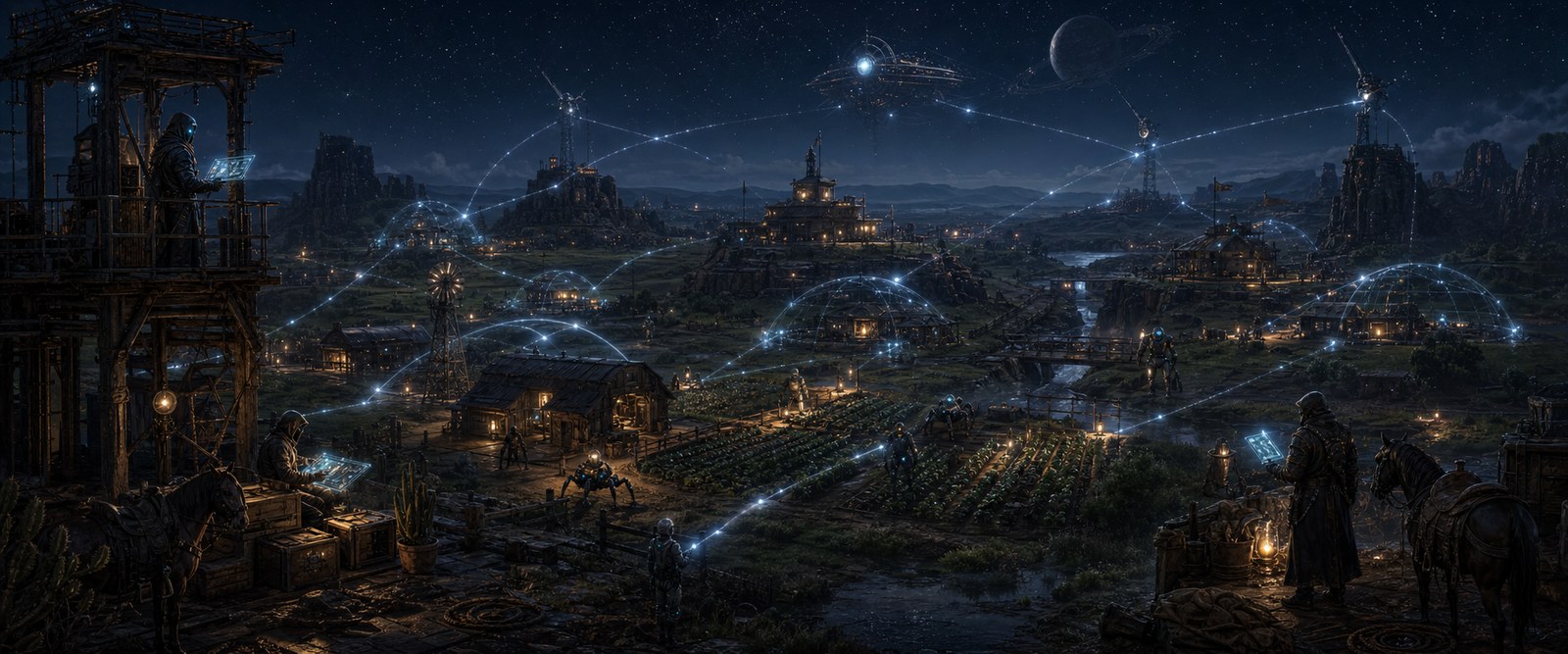 Living frontier domain maintained by AI through glowing continuity threads