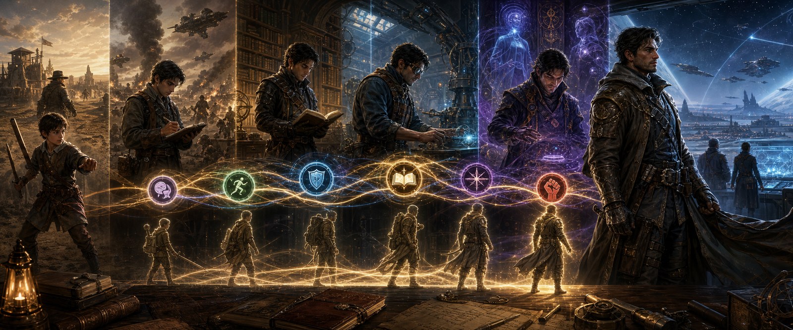 Champion progression from rookie to veteran through training, study, and battle
