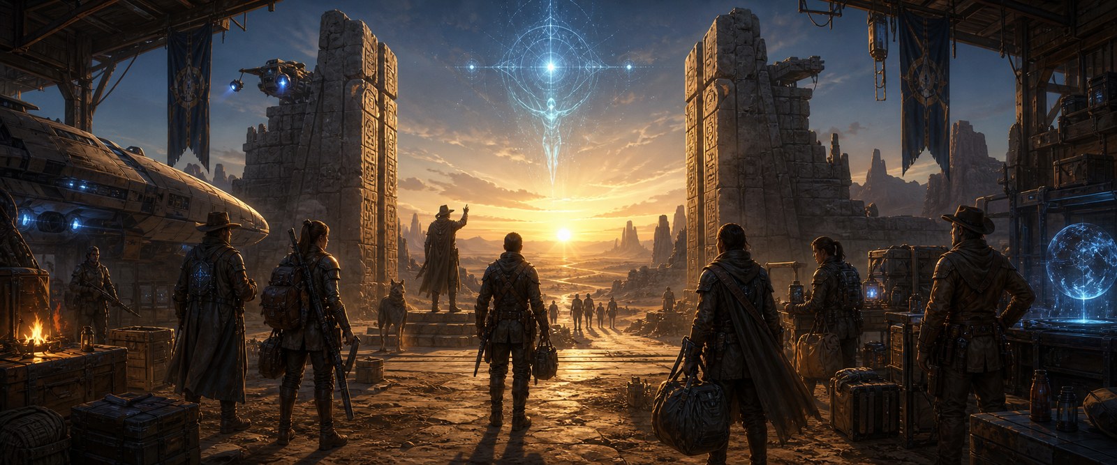 Champions gathering at dawn before an open mission gate and starship hangar