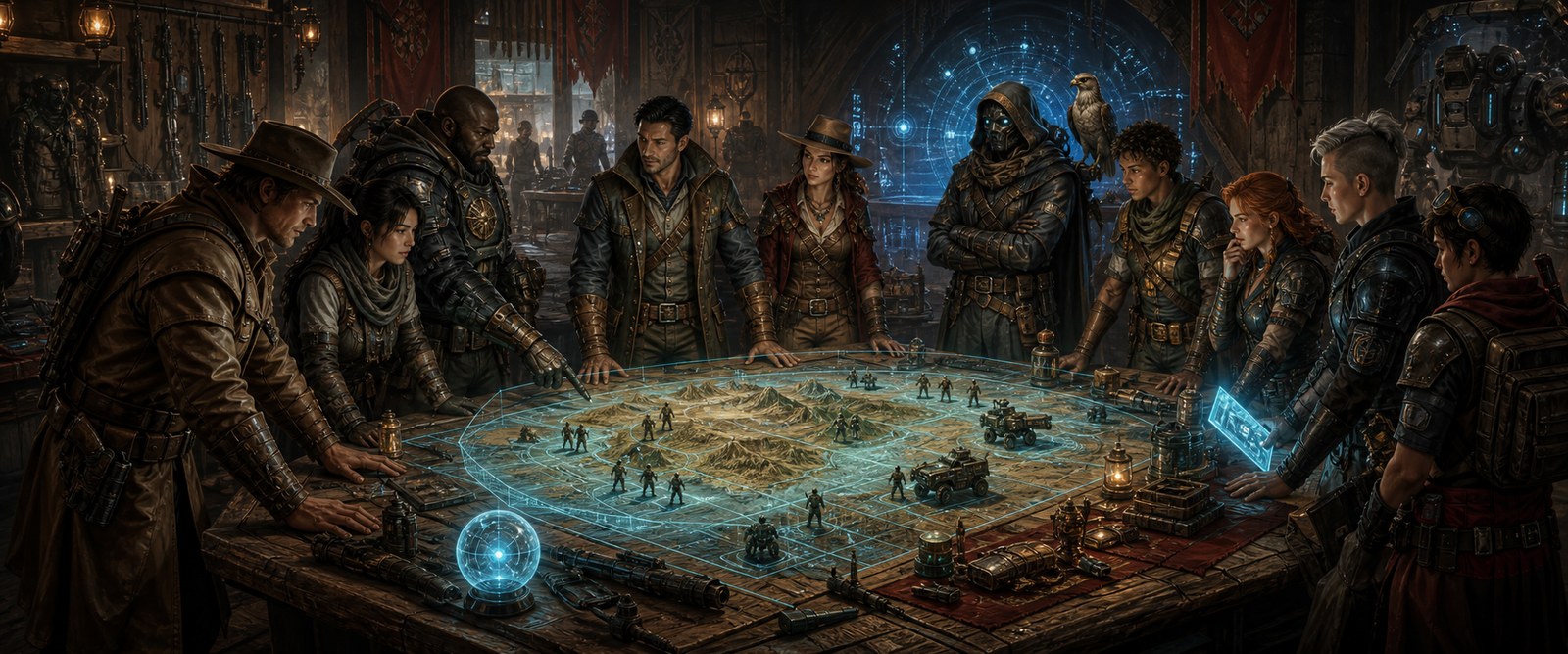 Mixed party choosing roles around a briefing table in a supply hub