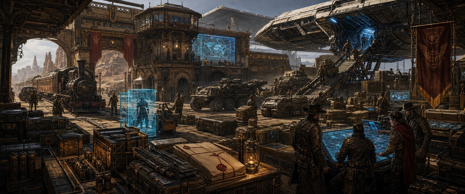 Massive supply hub with cargo, sealed orders, escorts, command staff, and starship loading