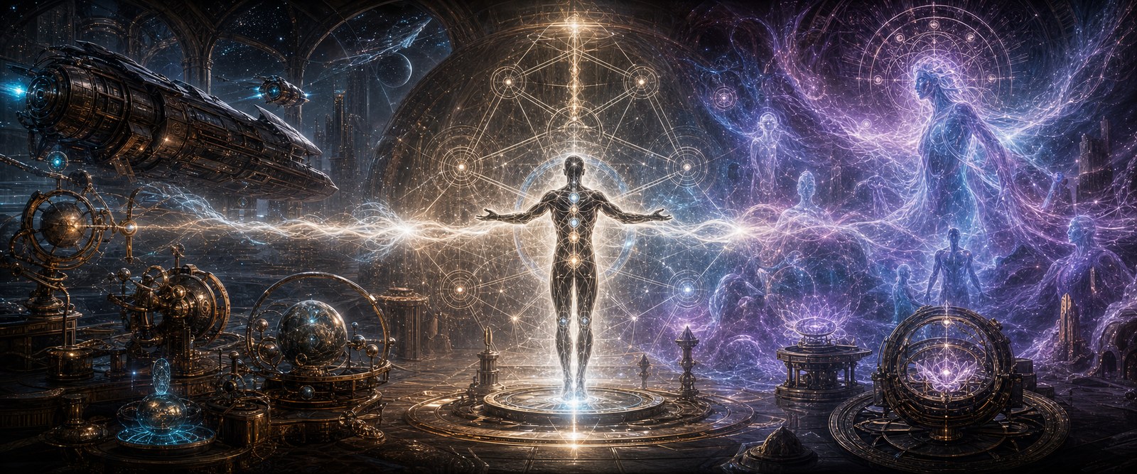 Champion bridging physical machinery and luminous spirit matter