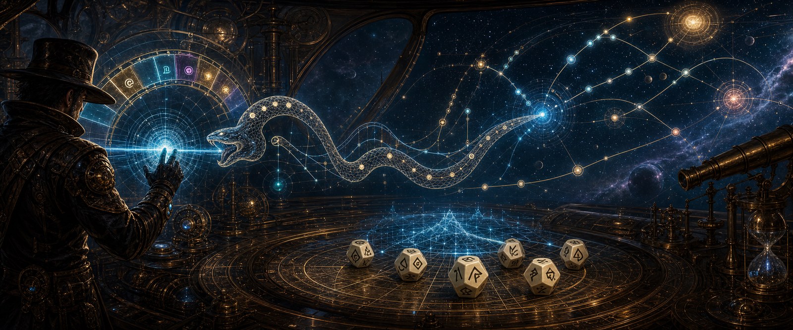 Probability observatory with custom dice, serpent curves, and abstract tactical geometry